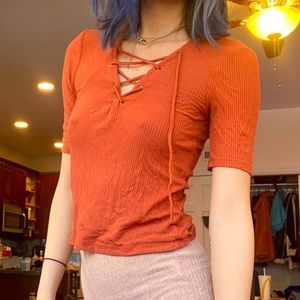 TOPSHOP criss cross front burgundy shirt size EUR38/US6/UK10. Model wears  US2-4